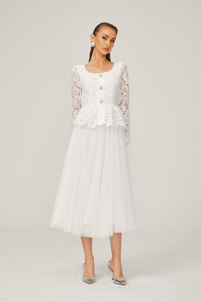 Gabrielle white peplumwaist tulle midi dress