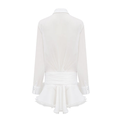 White mini shirt dress with ruffles named Renee