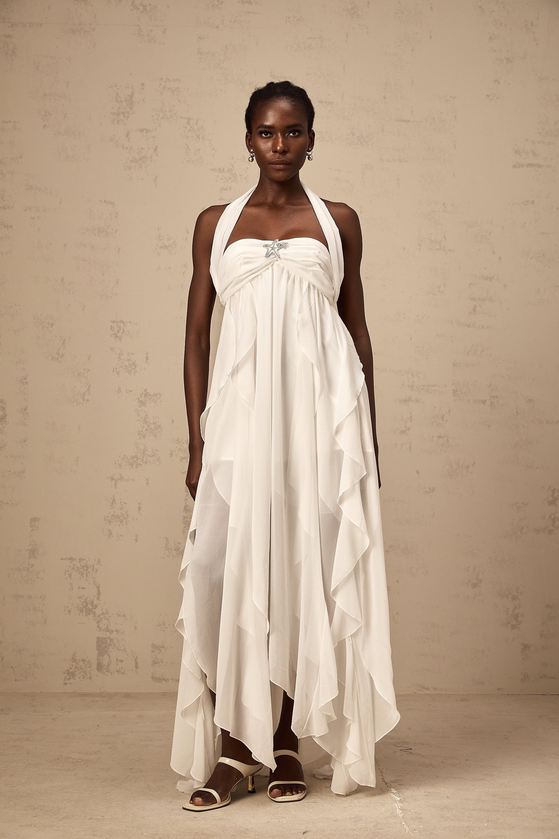 Mariah white chiffon ruffle halter neck maxi dress