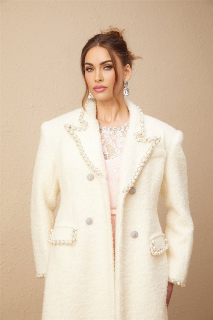 A long tweed coat in wool fabric with faux pearl embellishments named Isotta