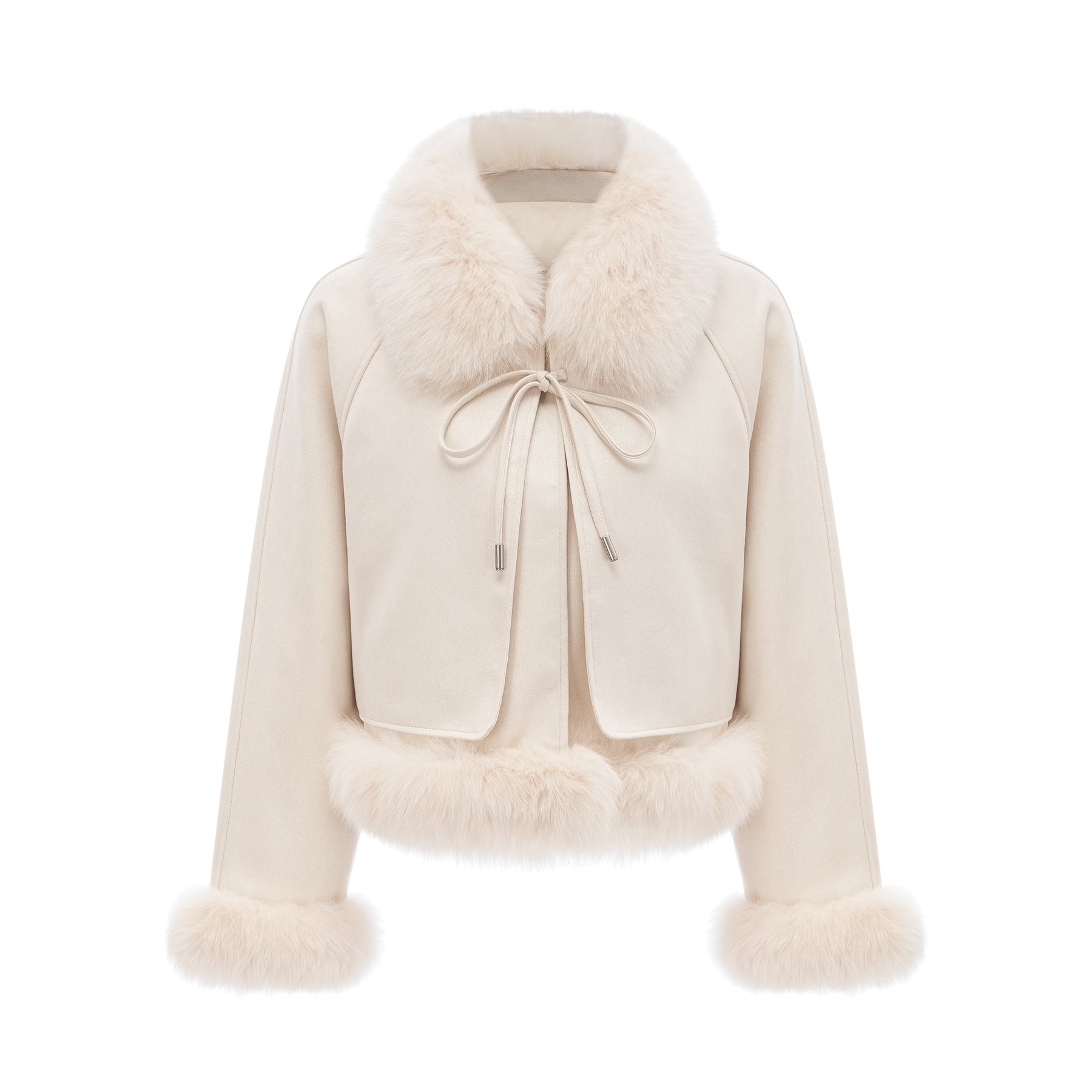 A white short coat made of suede with fur trim and padding worn by a model against a plain background