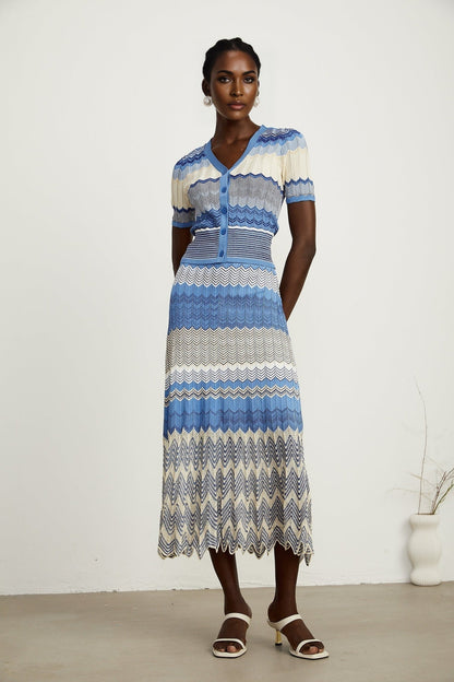 Daniela blue zigzagdesign knit top  skirt matching set