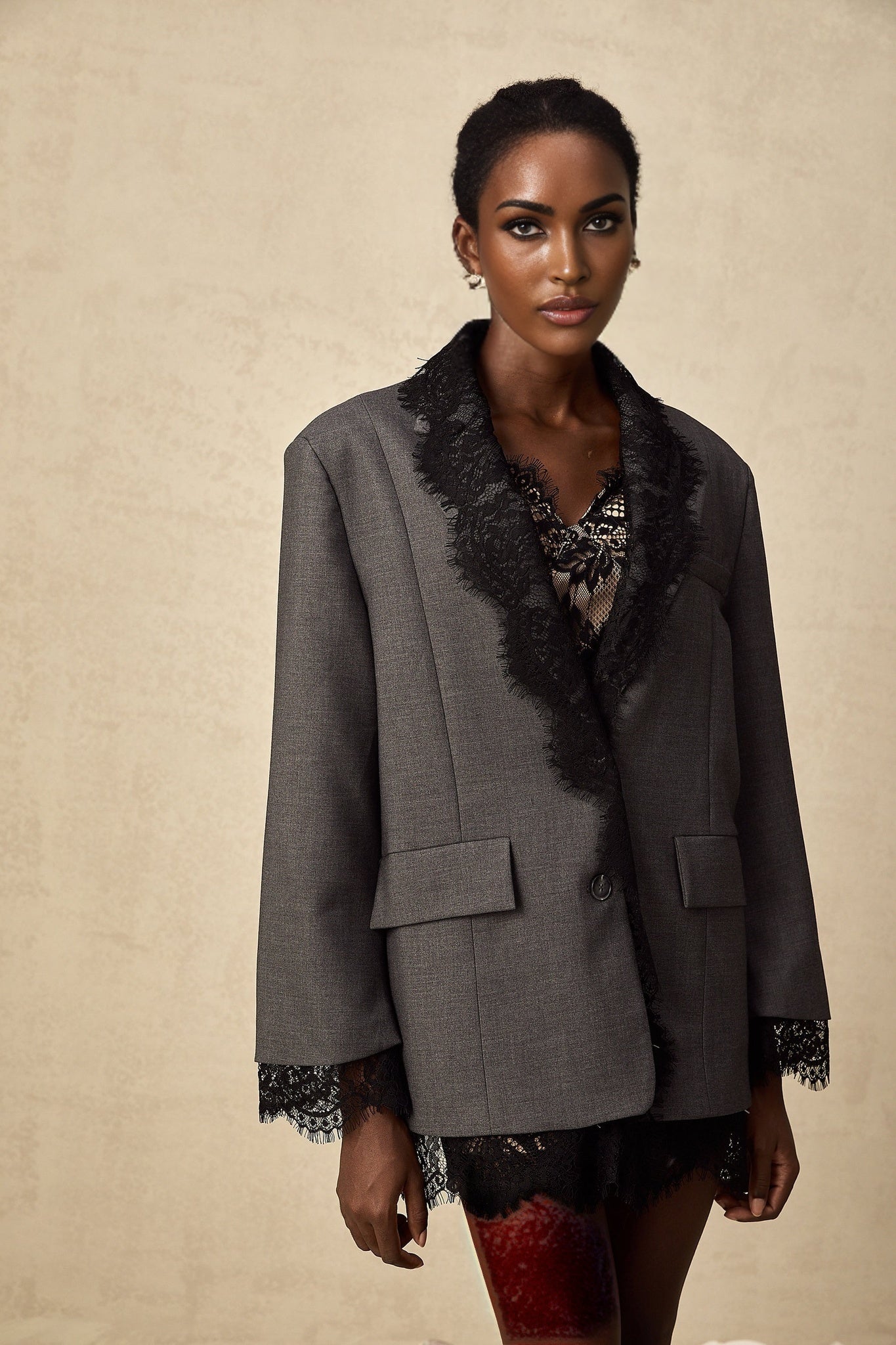 Grey blazer with lace panel detailing