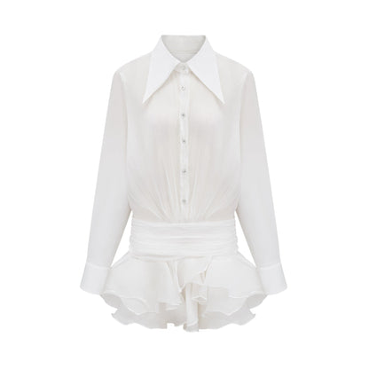White mini shirt dress with ruffles named Renee