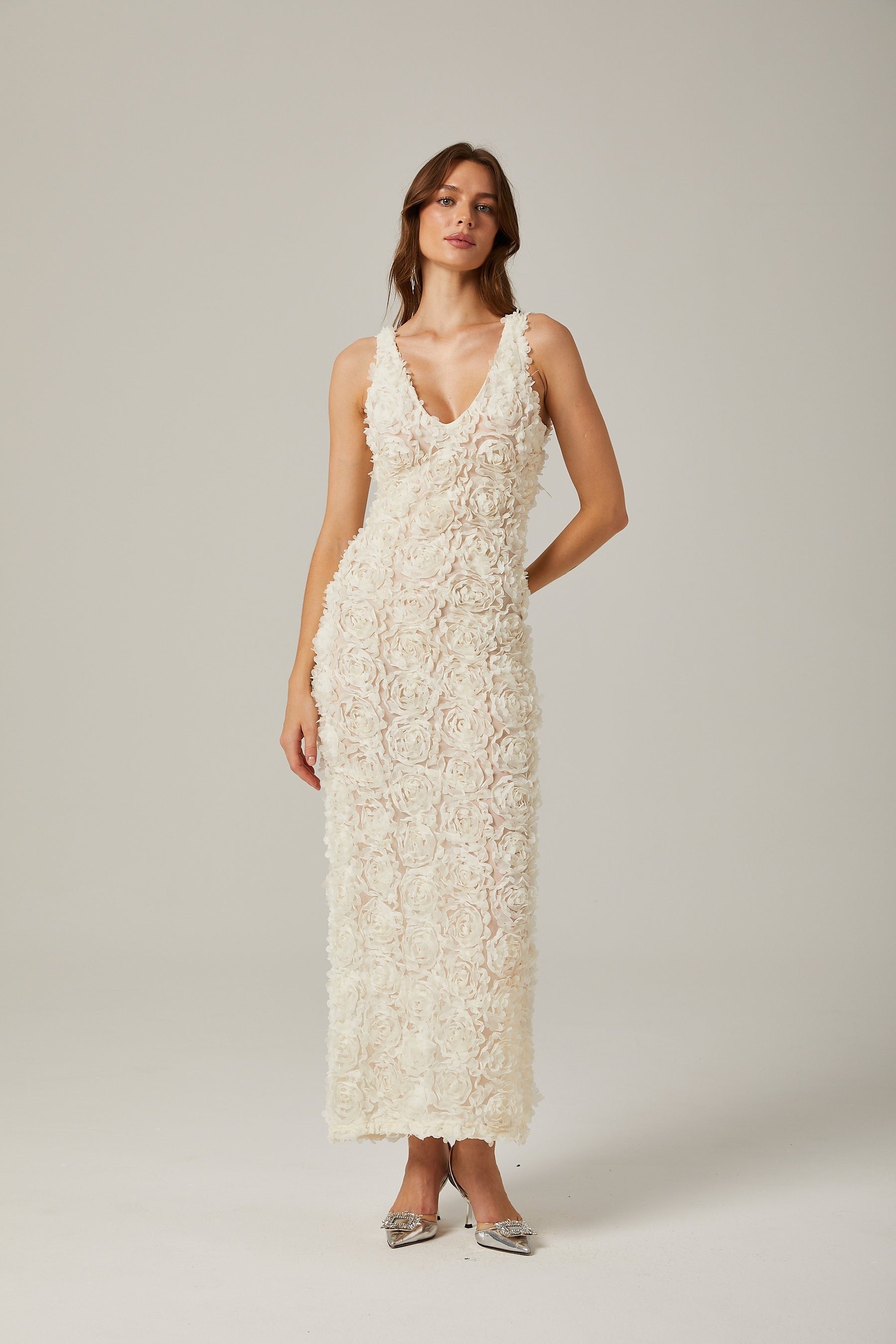 Sylvie fauxflower Vneck maxi dress in Neutrals