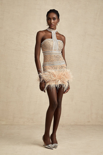 A short black mini dress with crystal embellishments and feather trim around the hem and neckline elegant cocktail attire with luxurious details