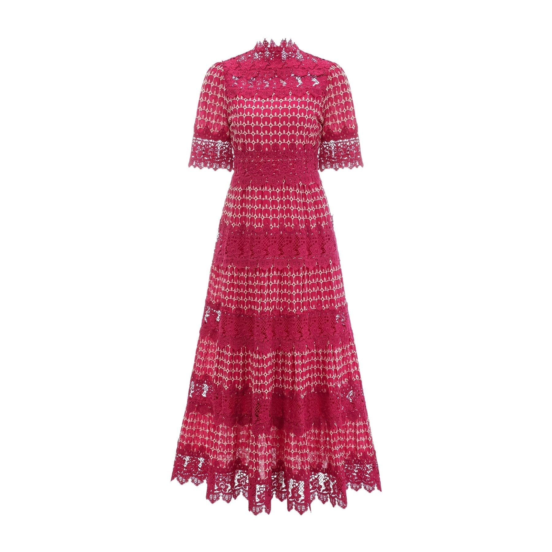 Chantal red scalloppattern lacepanel maxi dress
