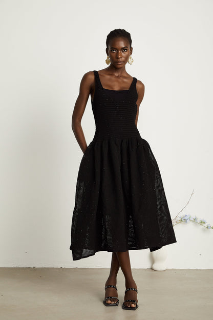 Clotilde black crochetknit midi dress