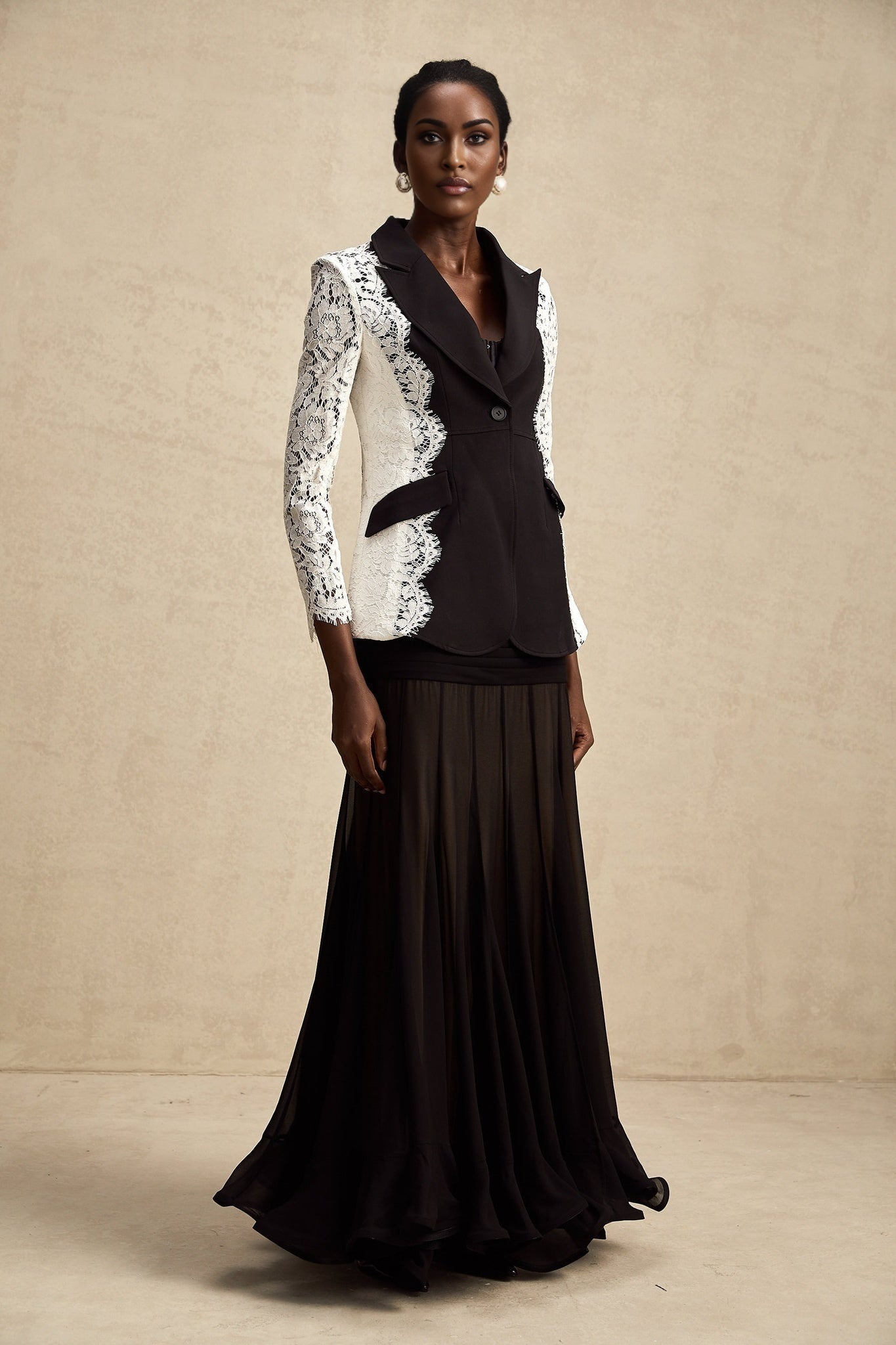 Womens blazer with color block design and lace trim in contrasting colors