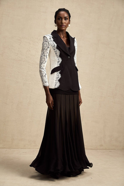 Womens blazer with color block design and lace trim in contrasting colors
