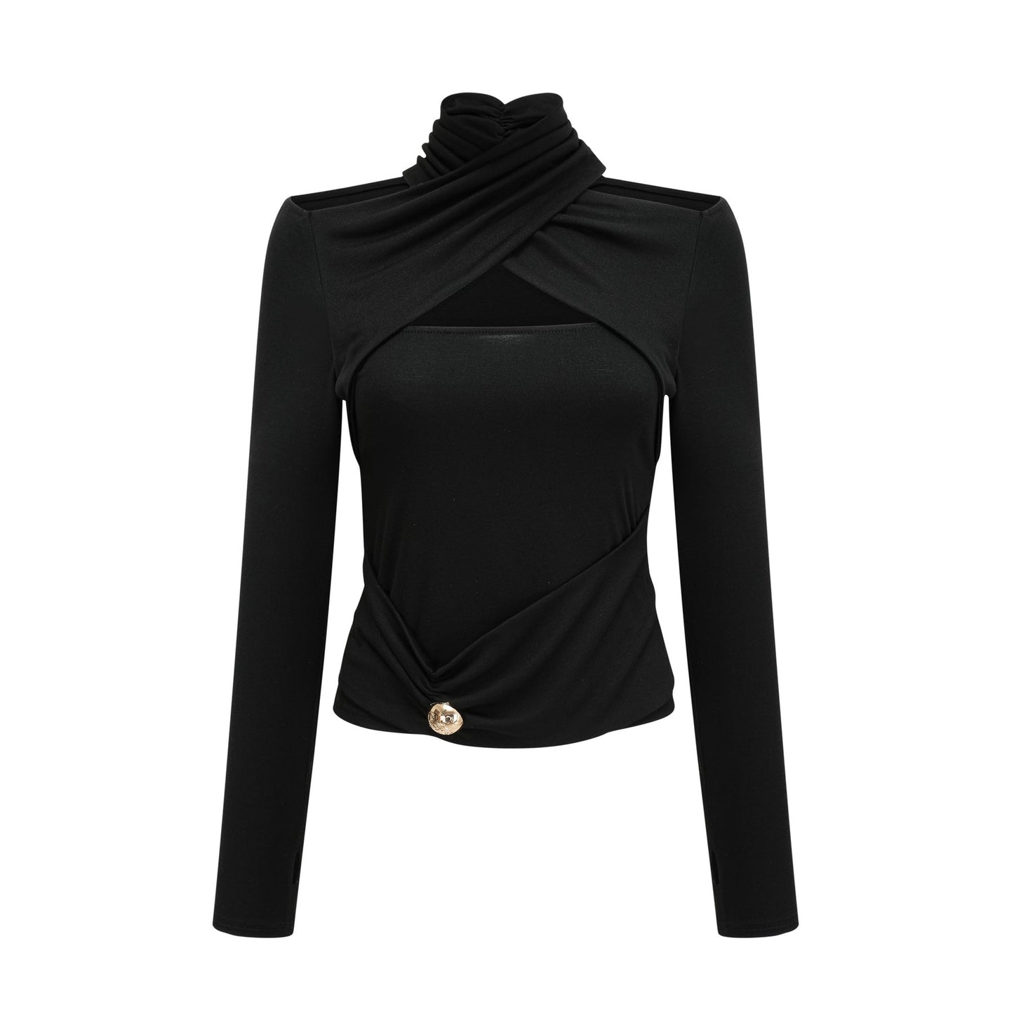 A black longsleeved top with ruched detailing made from stretchy jersey fabric