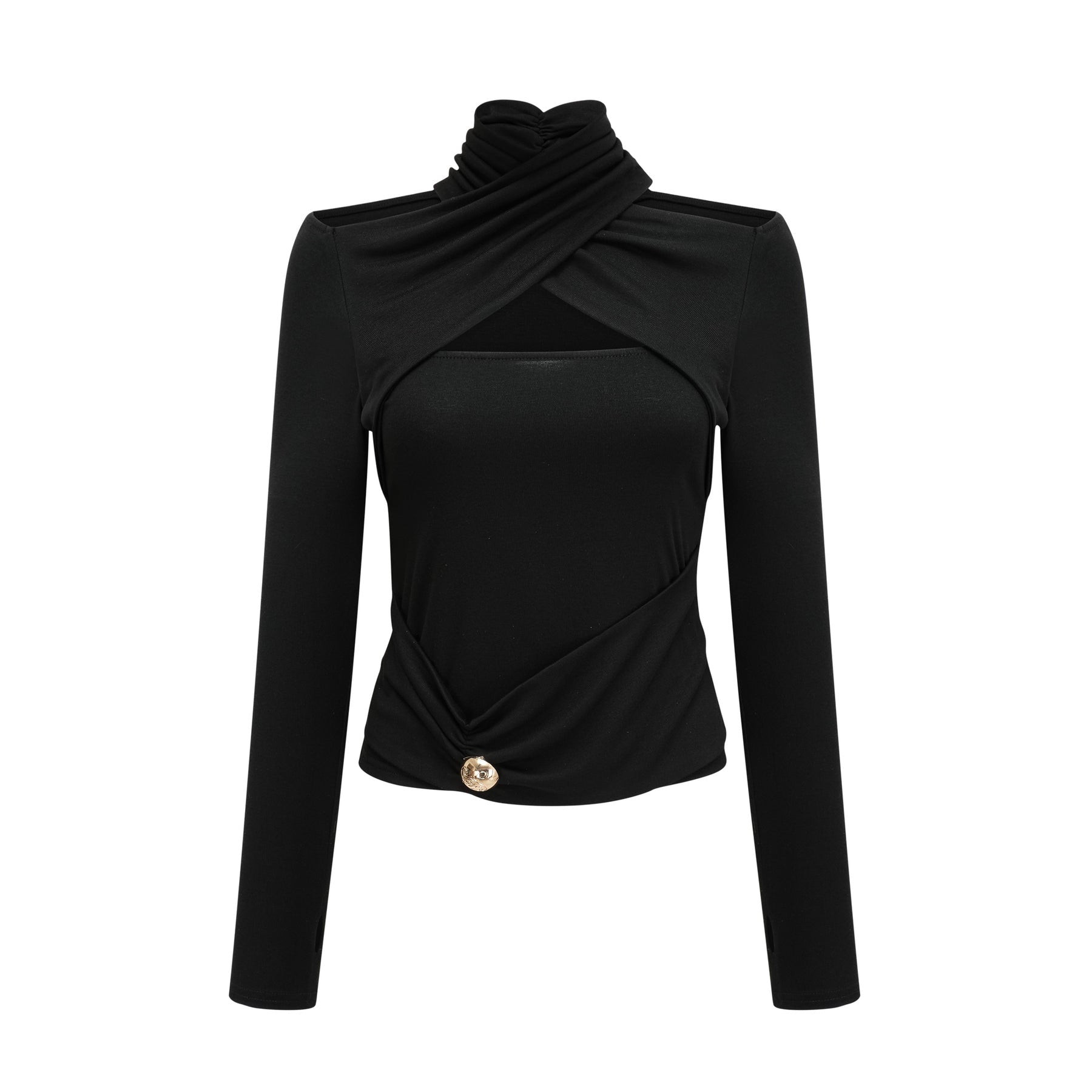 A black longsleeved top with ruched detailing made from stretchy jersey fabric