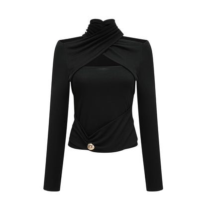 A black longsleeved top with ruched detailing made from stretchy jersey fabric