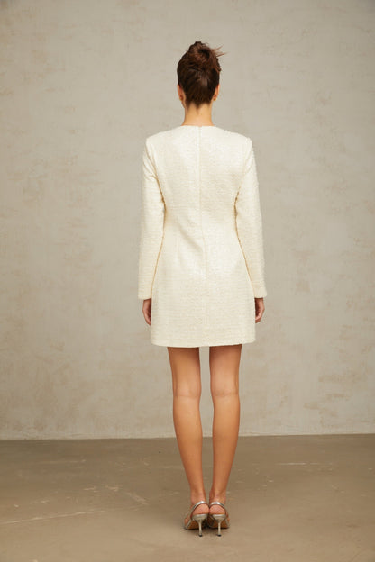 White short dress with sequin embellished tweed fabric in mini length and Angelique style